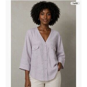 Orvis Womens Linen Button Down Shirt M Lilac Coastal Summer Minimalist Resort